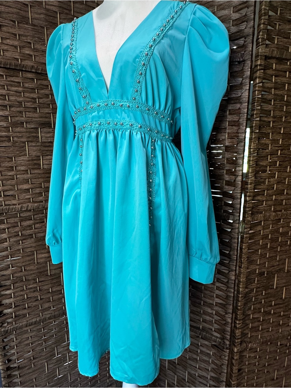 Turquoise V-Neck Puffed Long Sleeve Mini Dress - Picture 3 of 5
